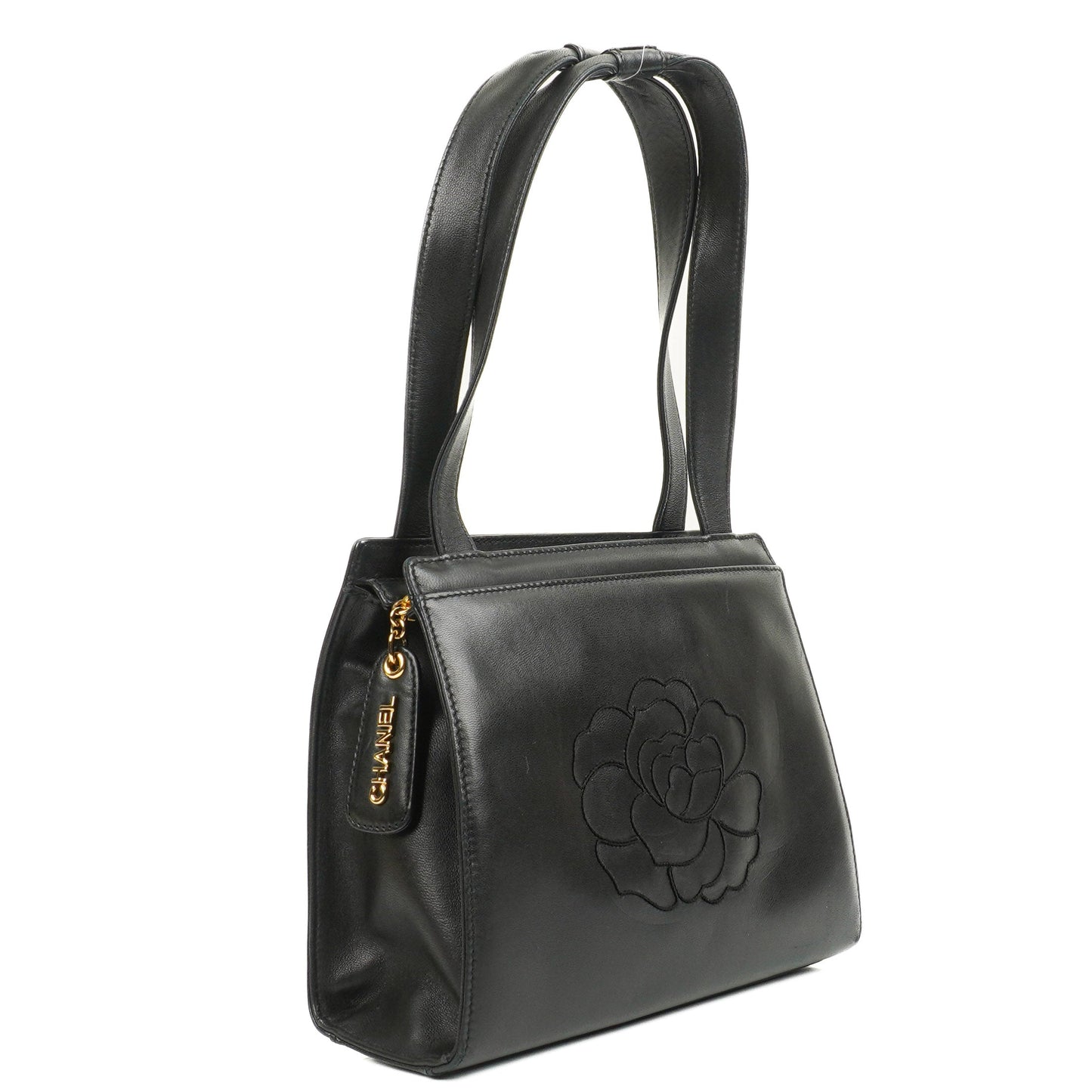 Chanel Black Leather Camellia Top Handle Bag