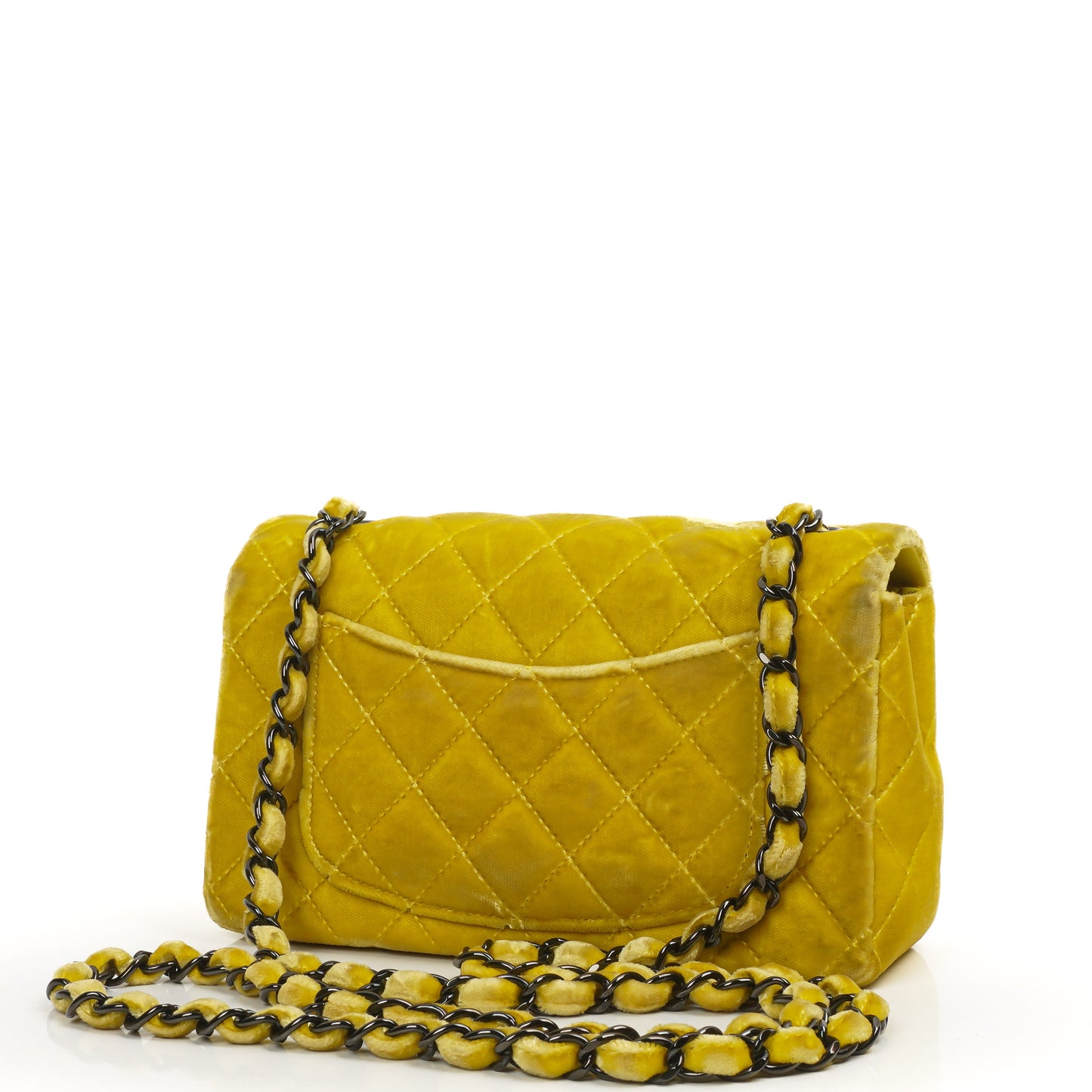 Chanel Mini Rectangular Single Flap Bag Yellow Quilted Velvet With Black Hardware