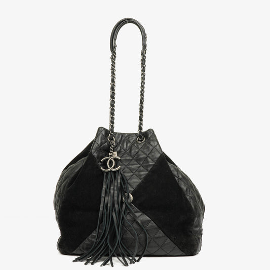 Chanel Leather and Suede Patchwork Drawstring Bag