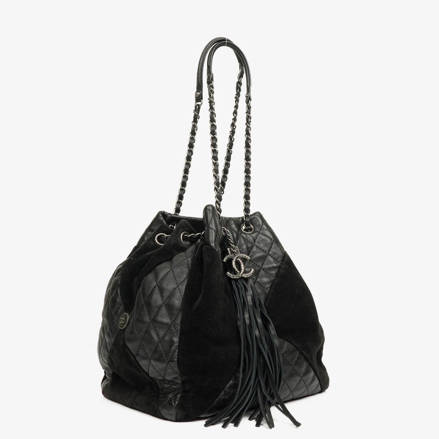 Chanel Leather and Suede Patchwork Drawstring Bag
