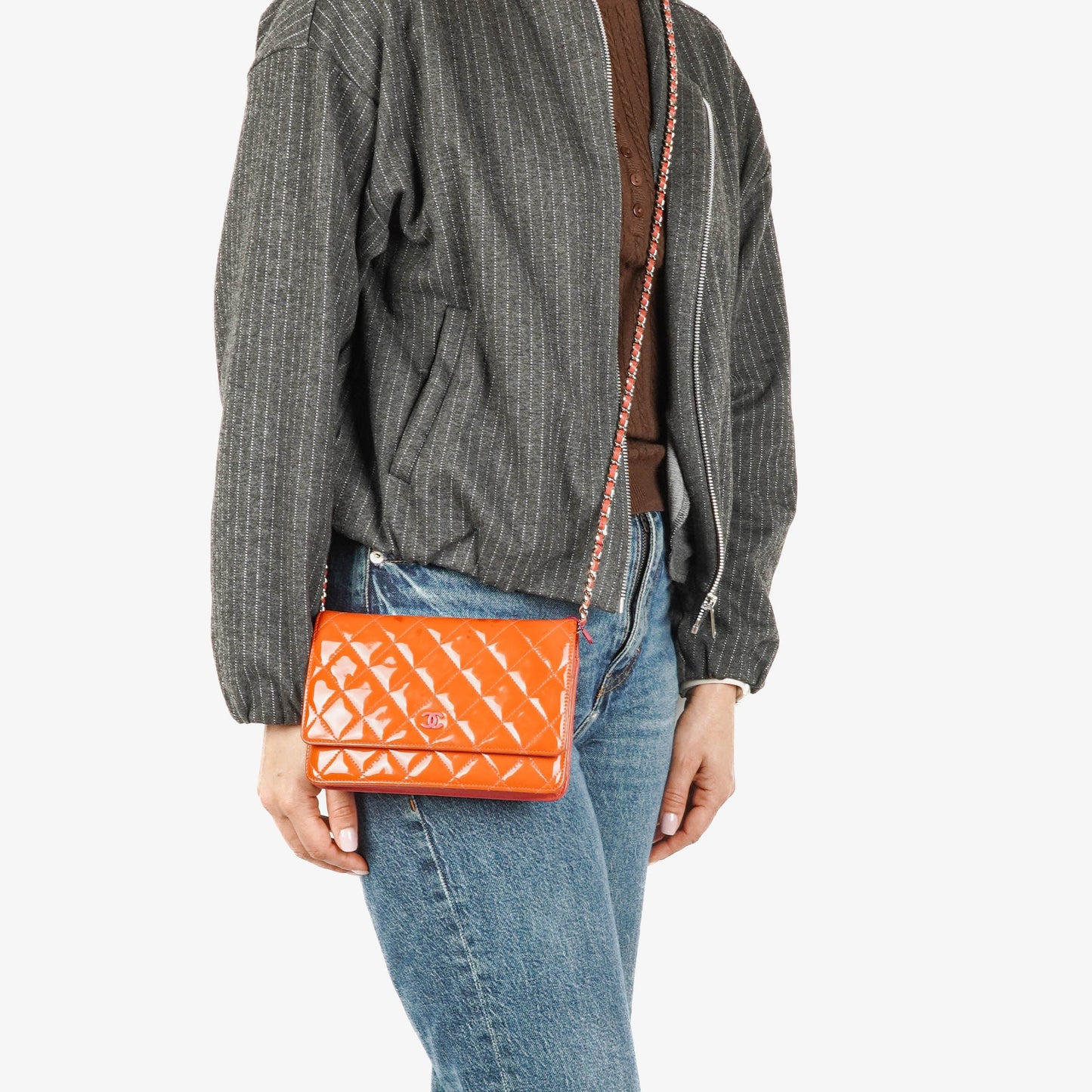 Chanel Wallet On Chain WOC Orange Quilted Patent Leather With Pink CC Logo And Silver Hardware