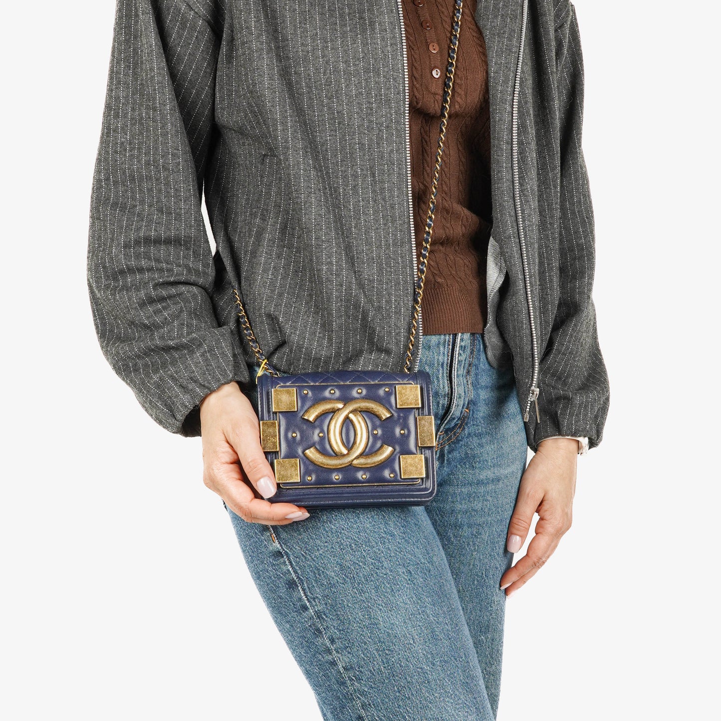 Chanel Navy Quilted Lambskin Studded Boy Brick Flap Bag