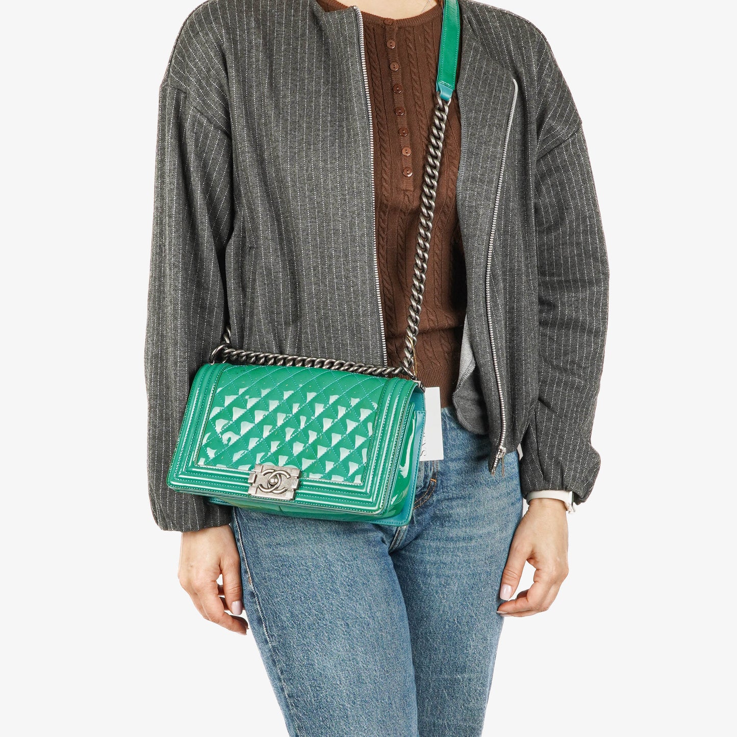 Chanel Old Medium Boy Flap Bag Green Patent Leather Ruthenium Hardware