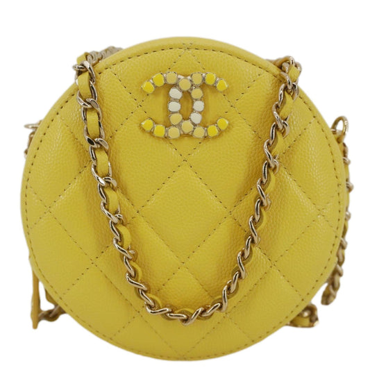 CHANEL Crystal CC Round Quilted Caviar Leather Chain Crossbody Bag Yellow