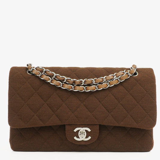 Chanel  Medium Classic Double Flap Bag Brown Jersey Silver-Plated Hardware