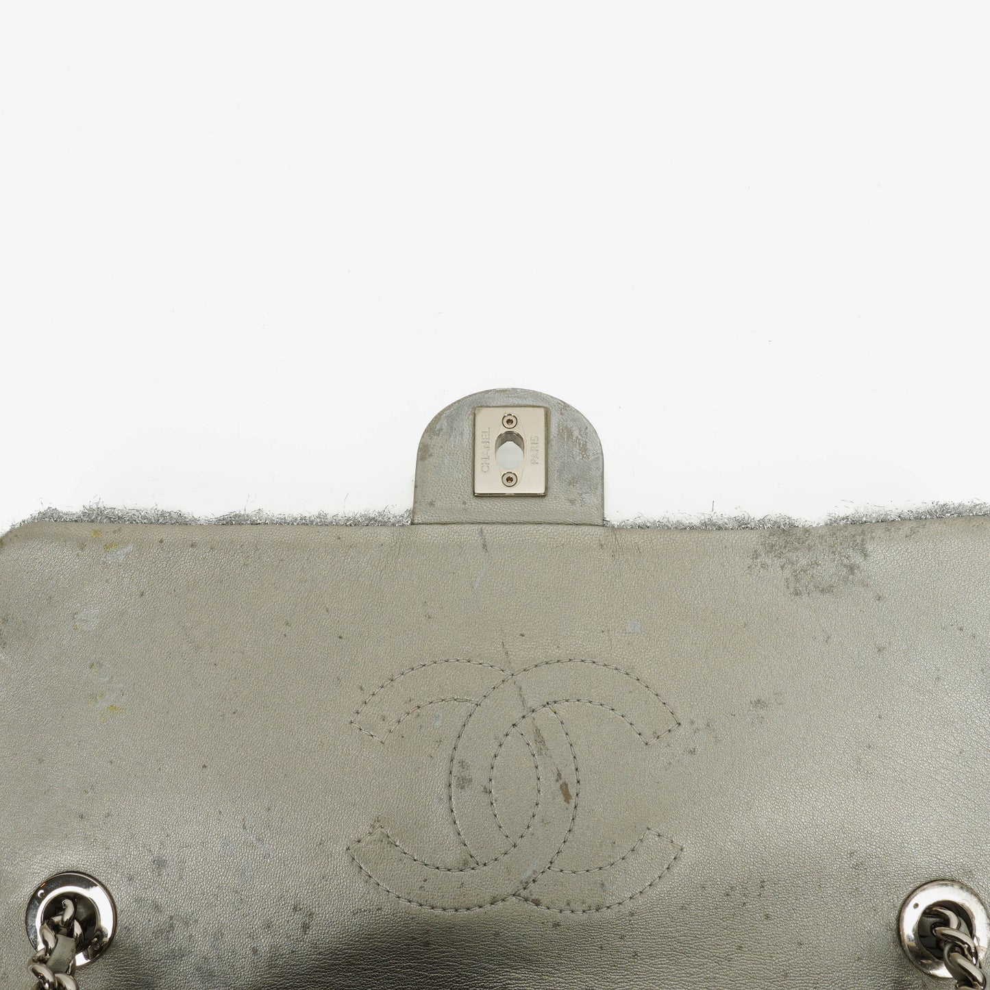 Chanel Silver Quilted Knit Pluto Glitter Medium Flap Bag