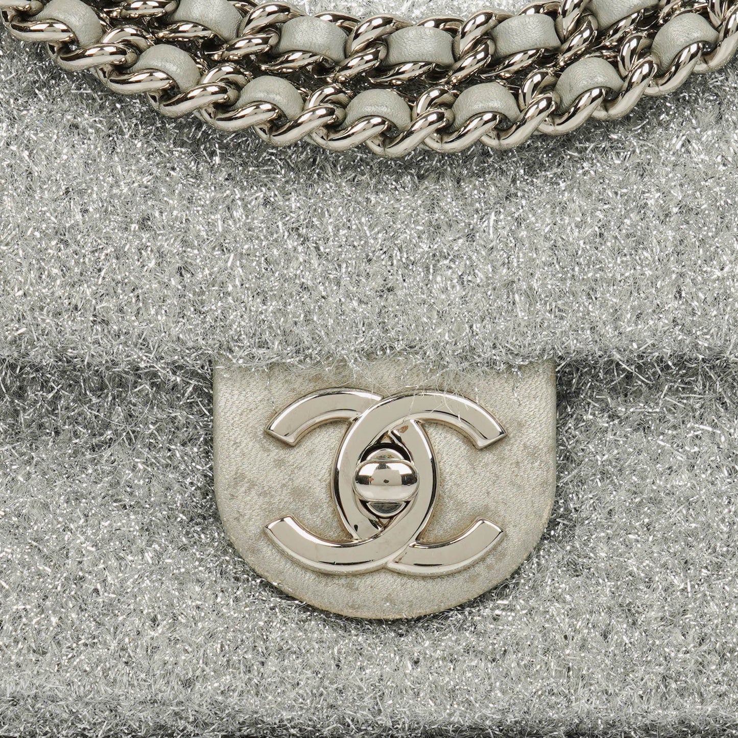 Chanel Silver Quilted Knit Pluto Glitter Medium Flap Bag