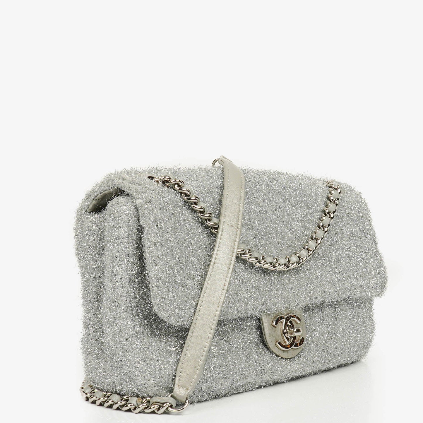 Chanel Silver Quilted Knit Pluto Glitter Medium Flap Bag