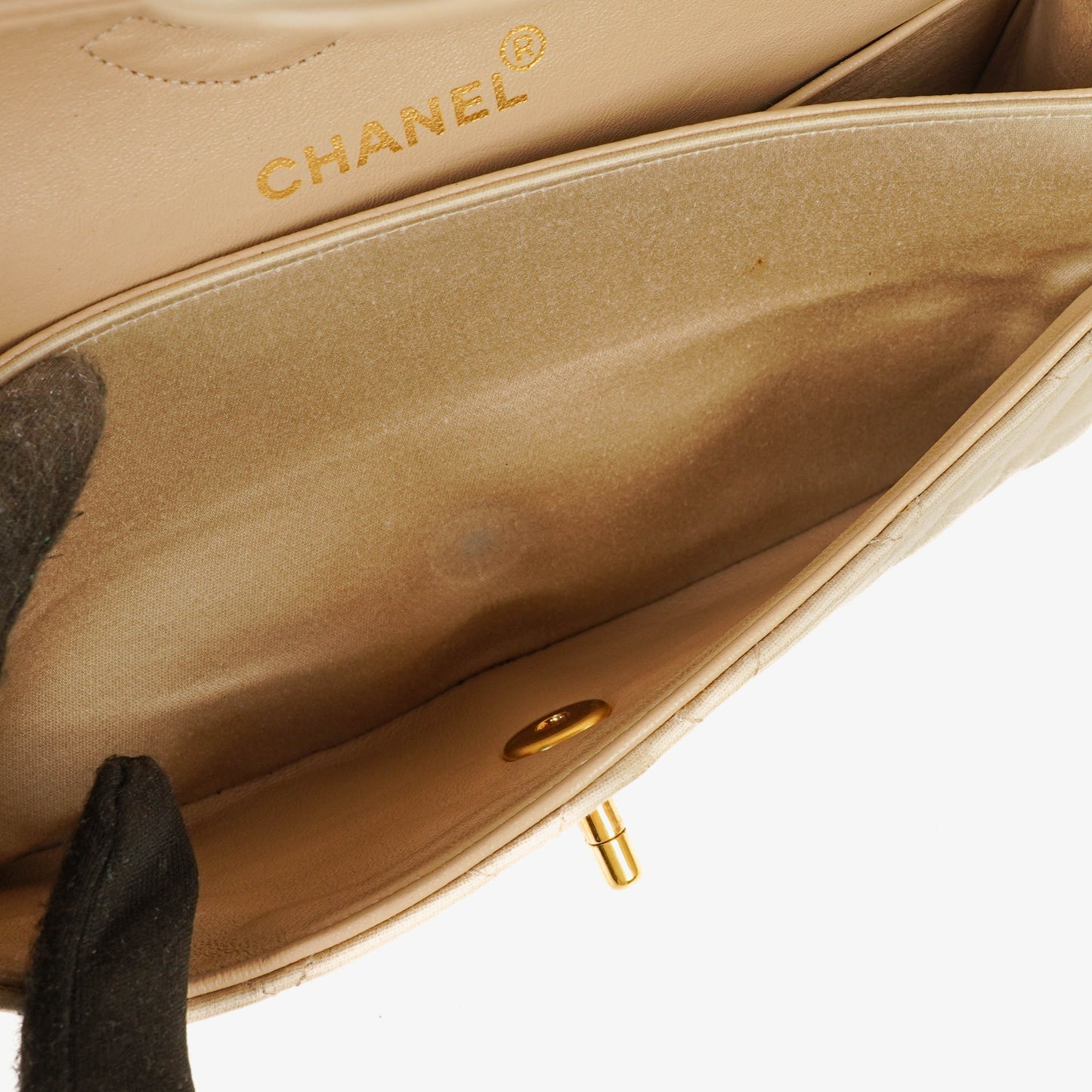 Chanel Small Classic  Double Flap Bag Beige Satin 24K Gold-Plated Hardware