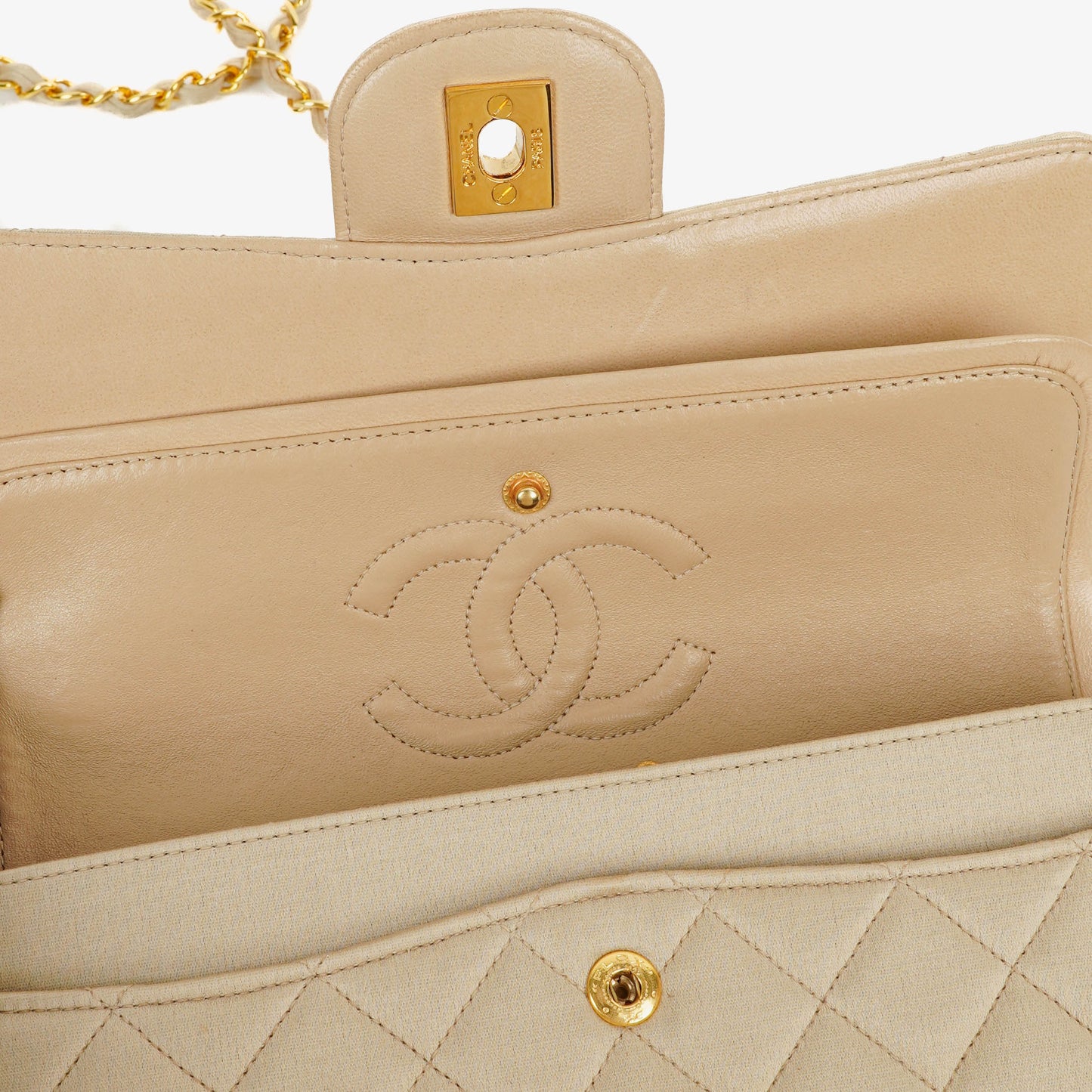 Chanel Small Classic  Double Flap Bag Beige Satin 24K Gold-Plated Hardware