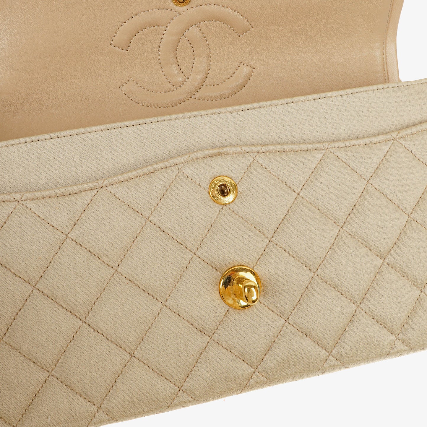 Chanel Small Classic  Double Flap Bag Beige Satin 24K Gold-Plated Hardware