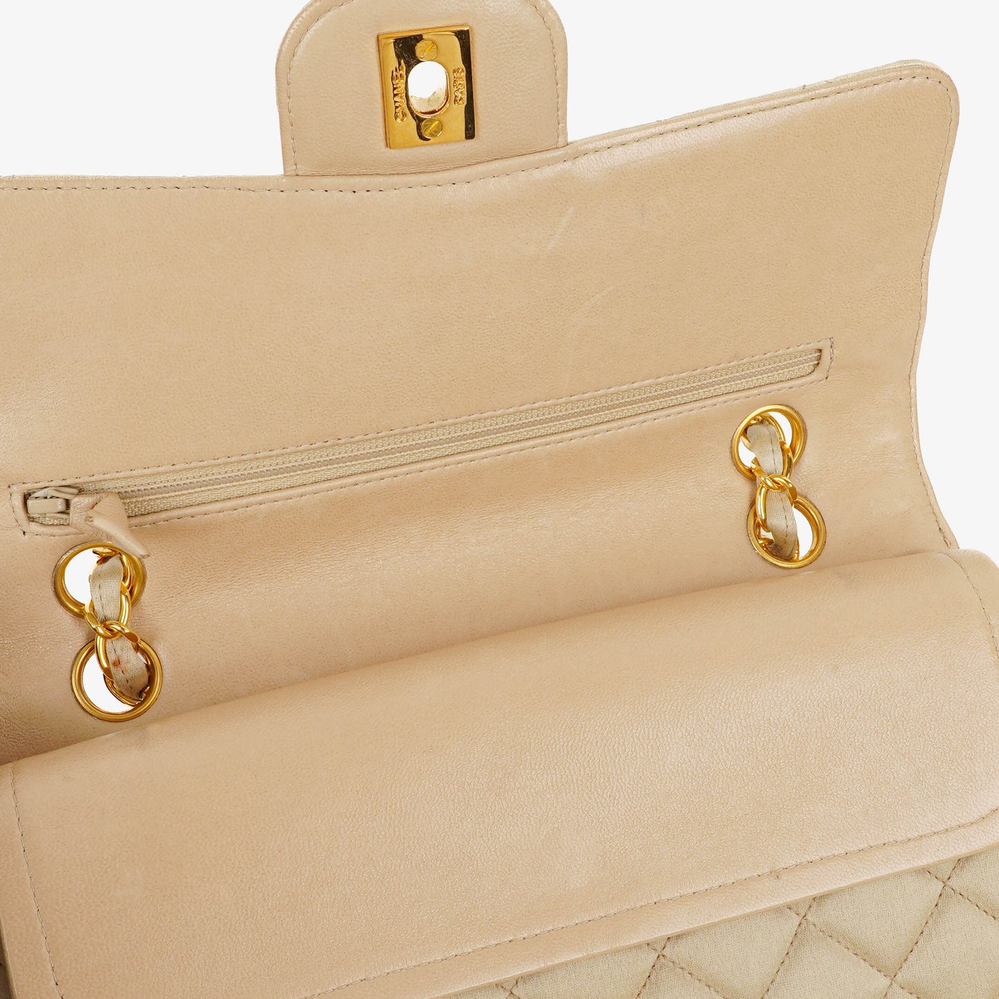 Chanel Small Classic  Double Flap Bag Beige Satin 24K Gold-Plated Hardware
