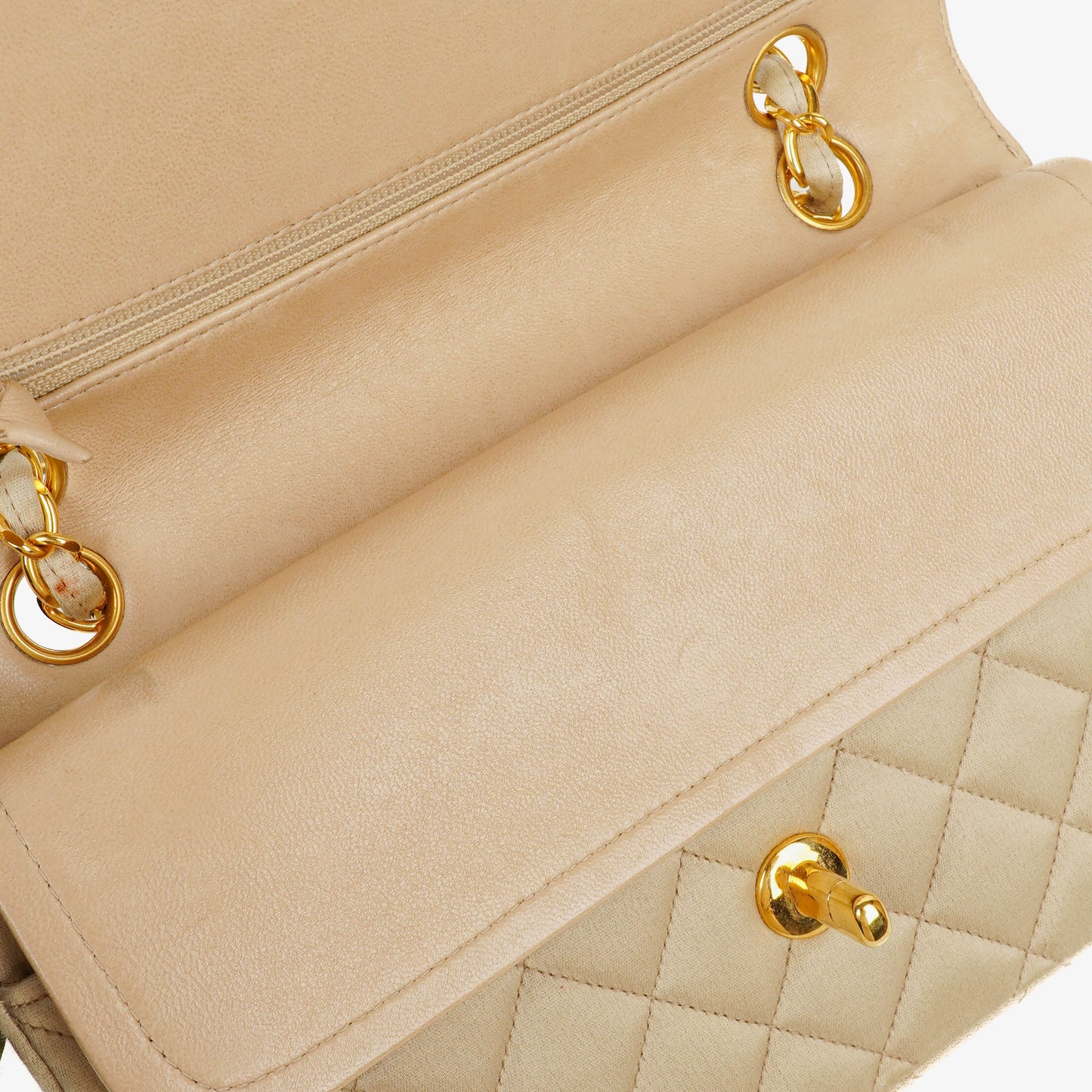 Chanel Small Classic  Double Flap Bag Beige Satin 24K Gold-Plated Hardware
