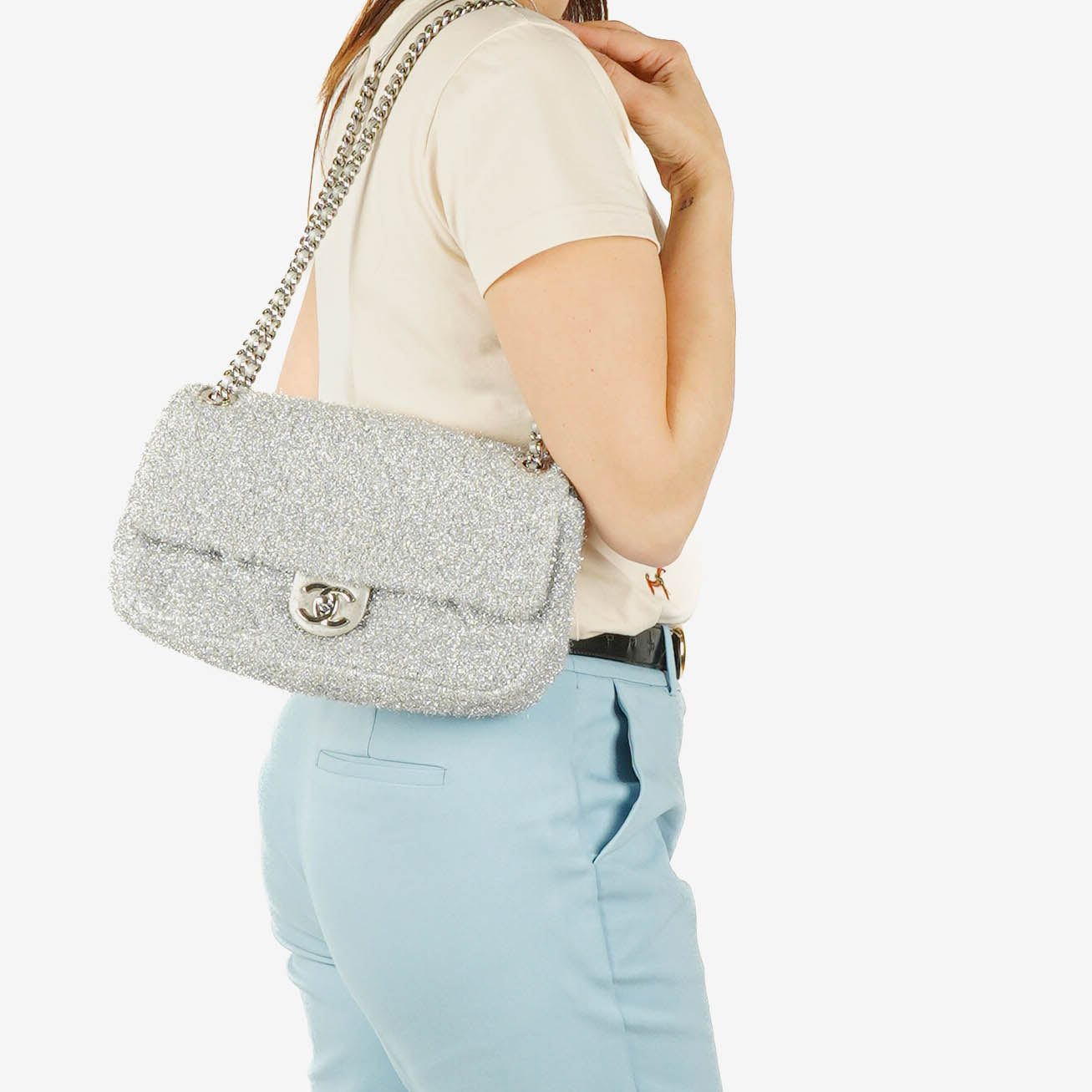 Chanel Silver Quilted Knit Pluto Glitter Medium Flap Bag