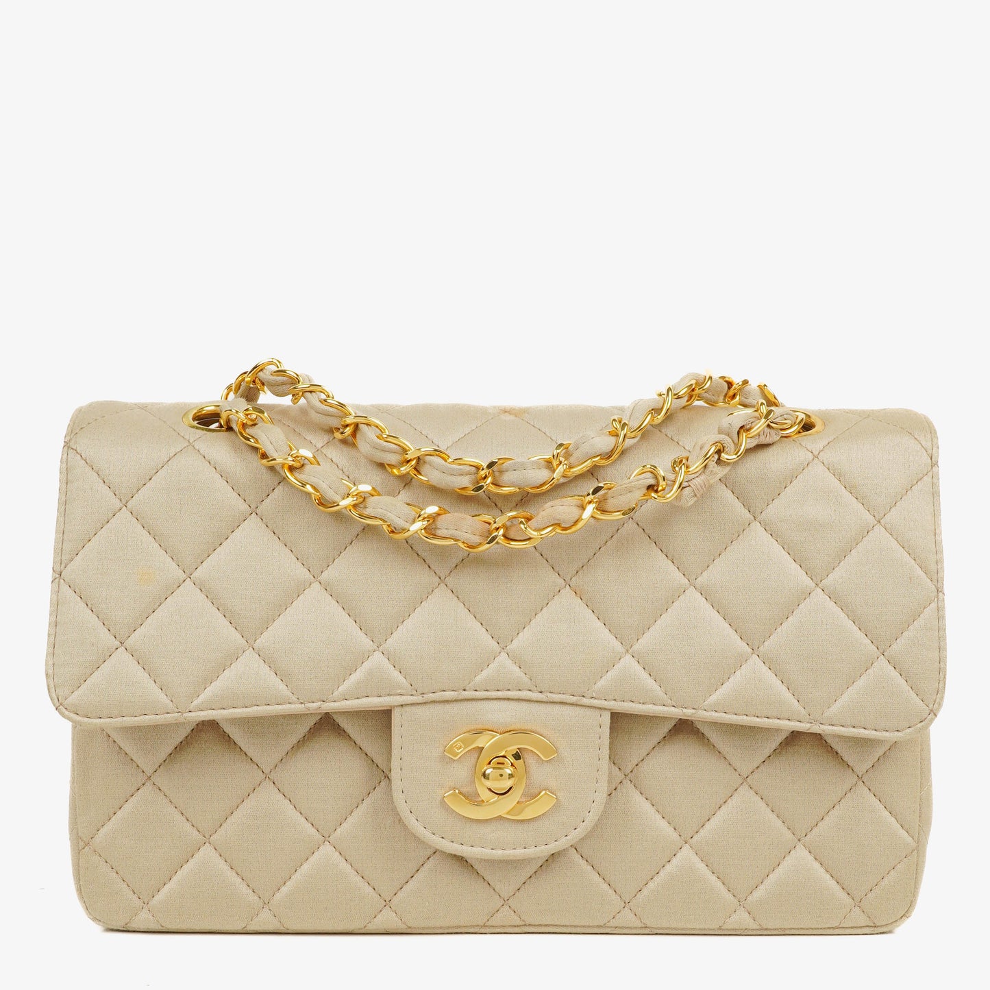 Chanel Small Classic  Double Flap Bag Beige Satin 24K Gold-Plated Hardware