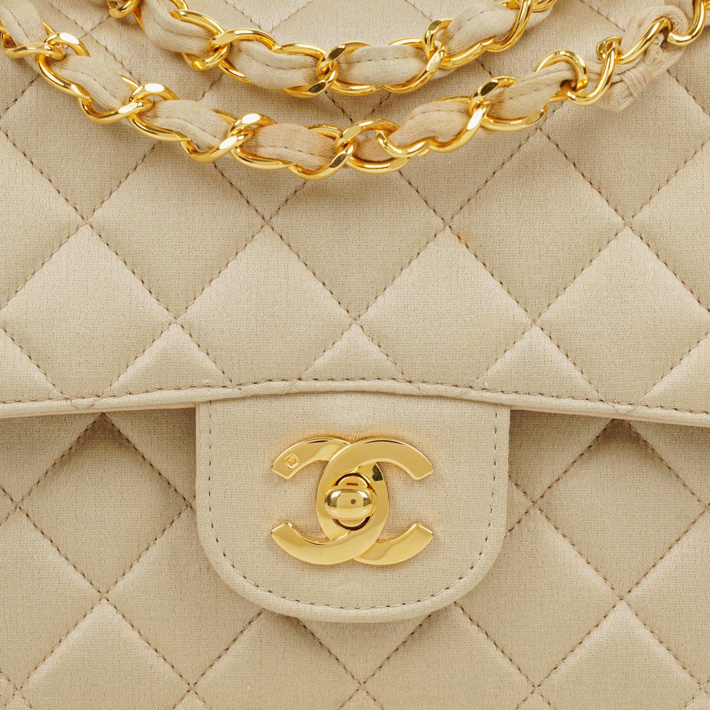 Chanel Small Classic  Double Flap Bag Beige Satin 24K Gold-Plated Hardware