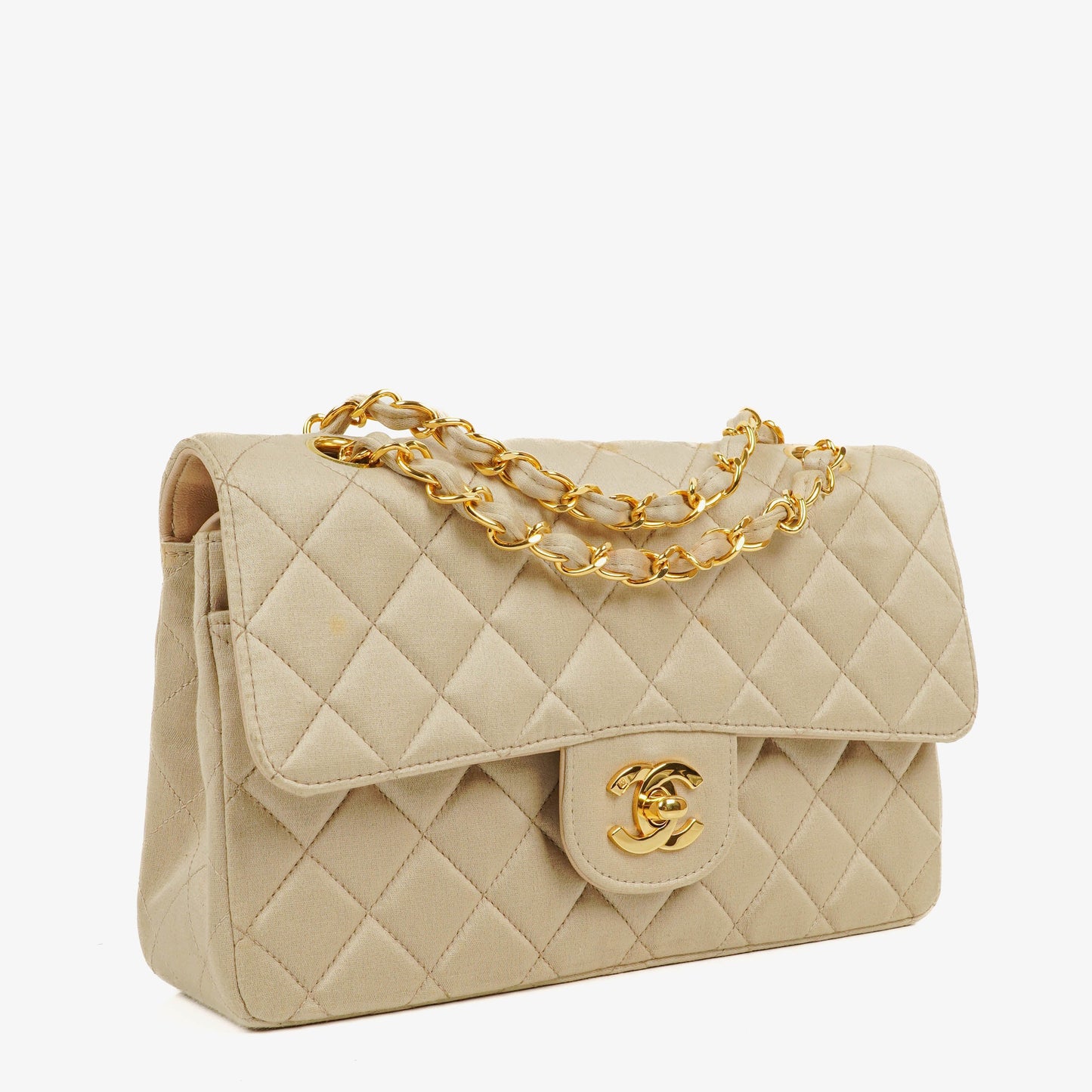 Chanel Small Classic  Double Flap Bag Beige Satin 24K Gold-Plated Hardware