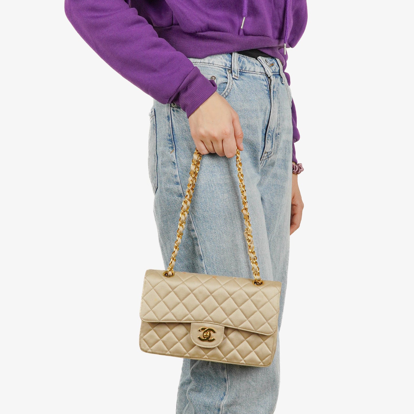 Chanel Small Classic  Double Flap Bag Beige Satin 24K Gold-Plated Hardware
