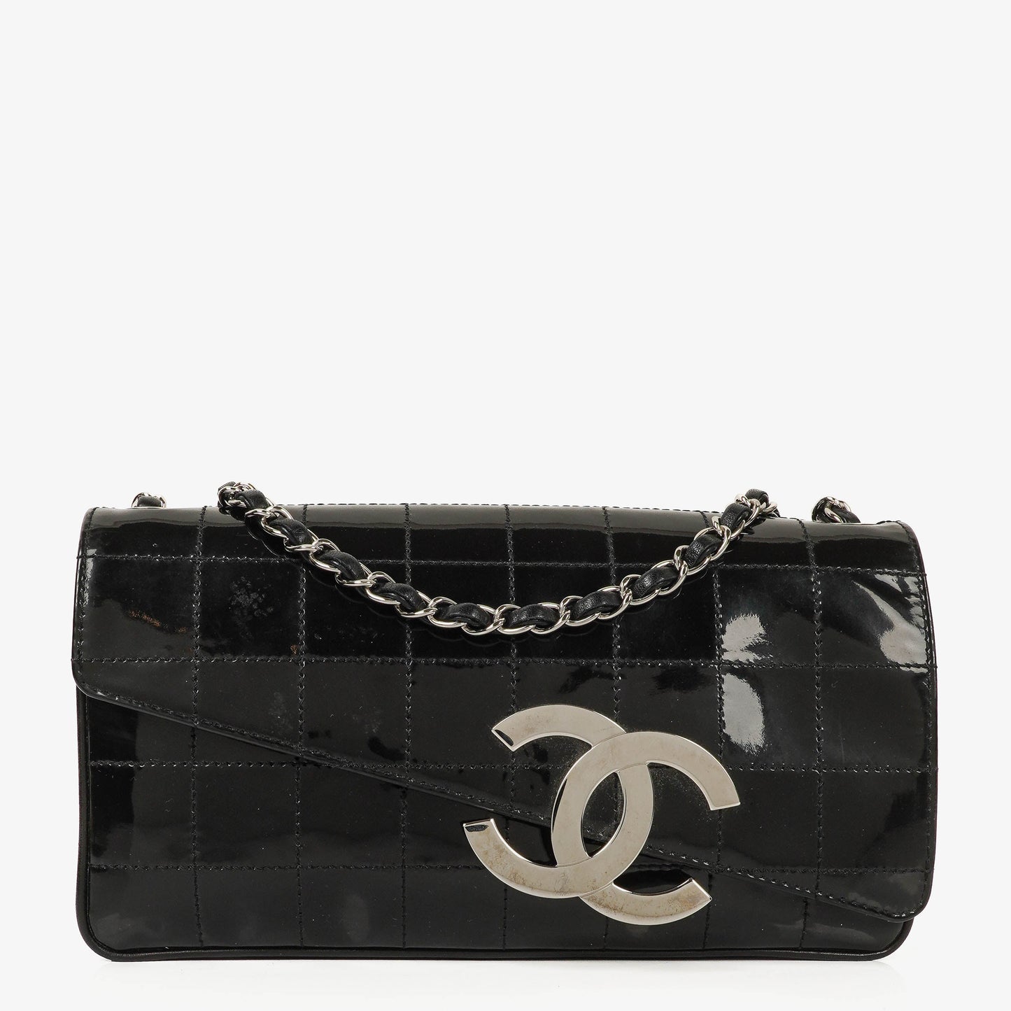 Chanel East West Chocolate Bar CC Patent Leather Shouder Bag Silver-Tone Hardware