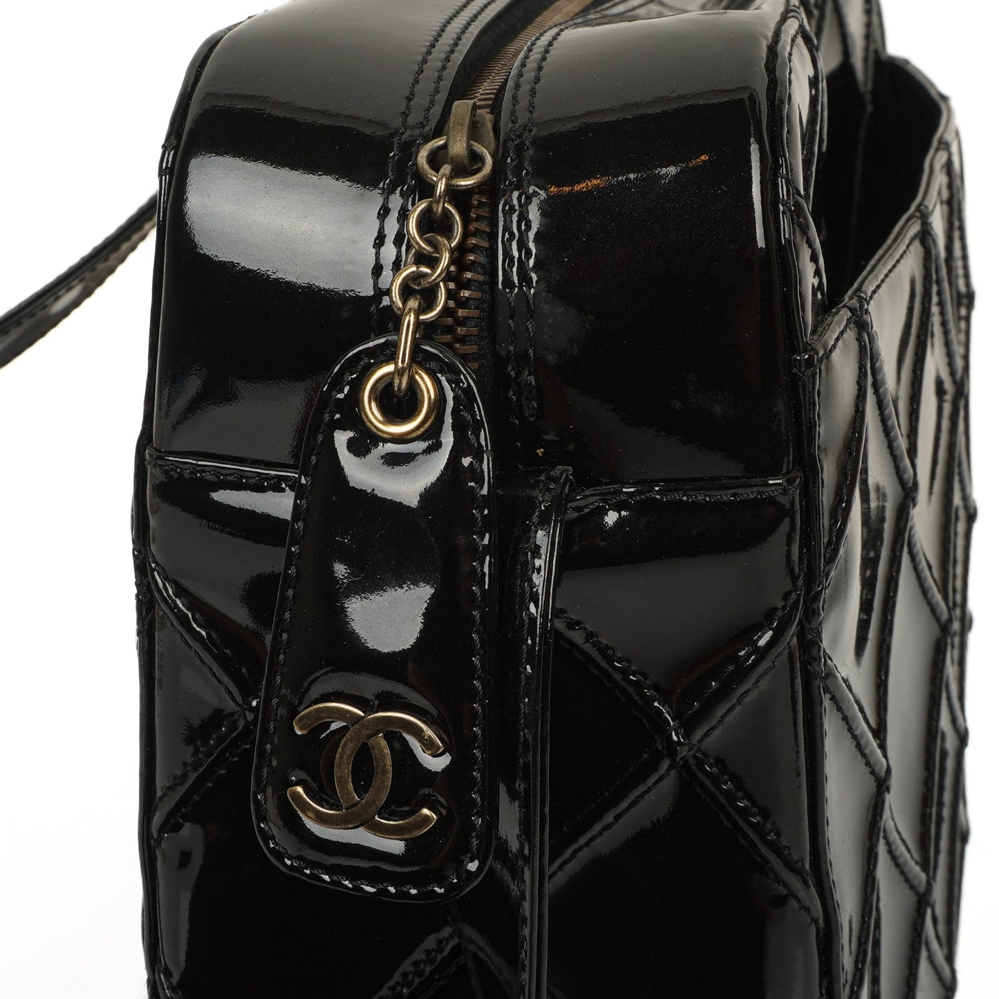 Chanel Diamond Stitch Black Quilted Patent Leather Shoulder Bag