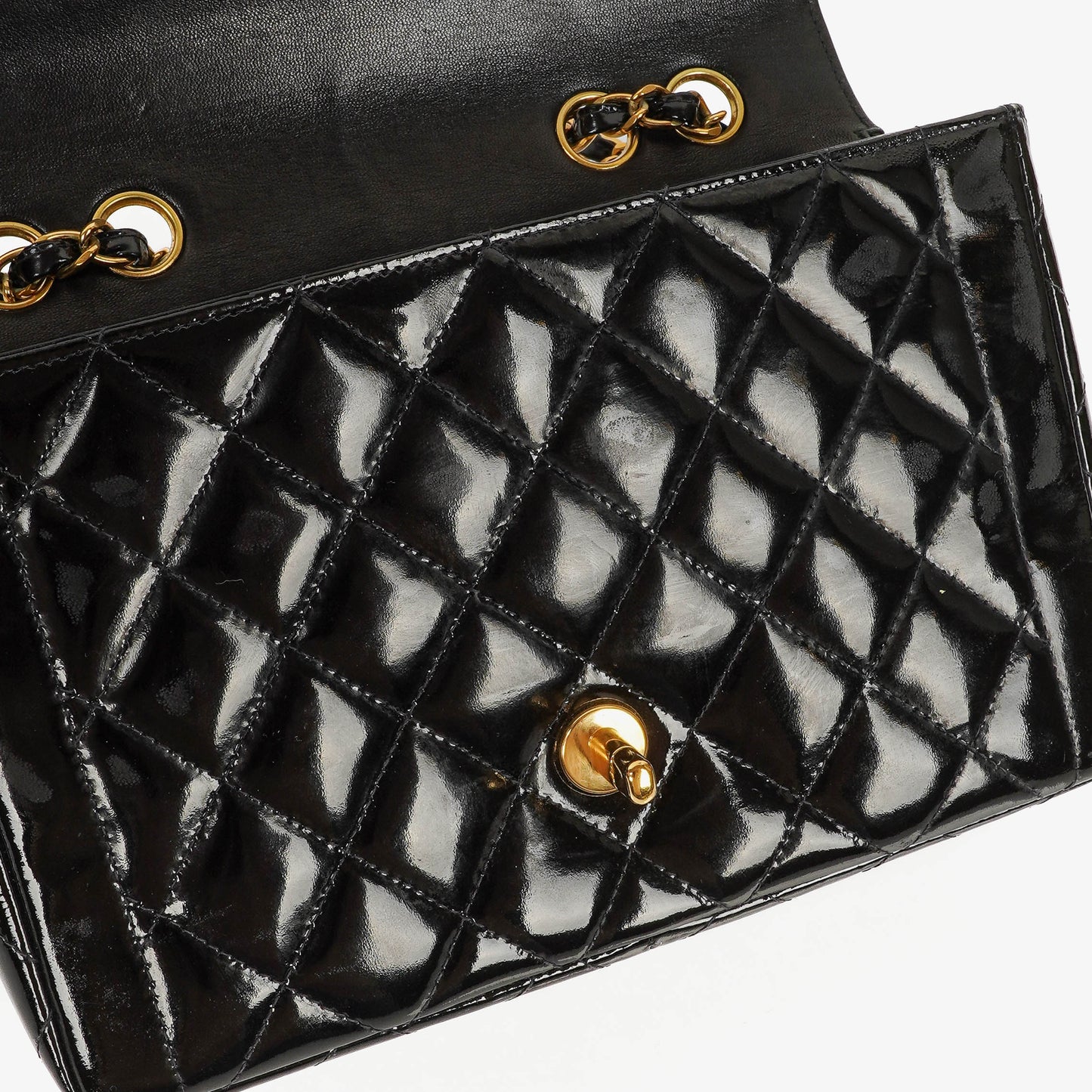 Chanel Single Flap Bag Black Quilted Patent Leather With 24K Gold-Plated Hardware