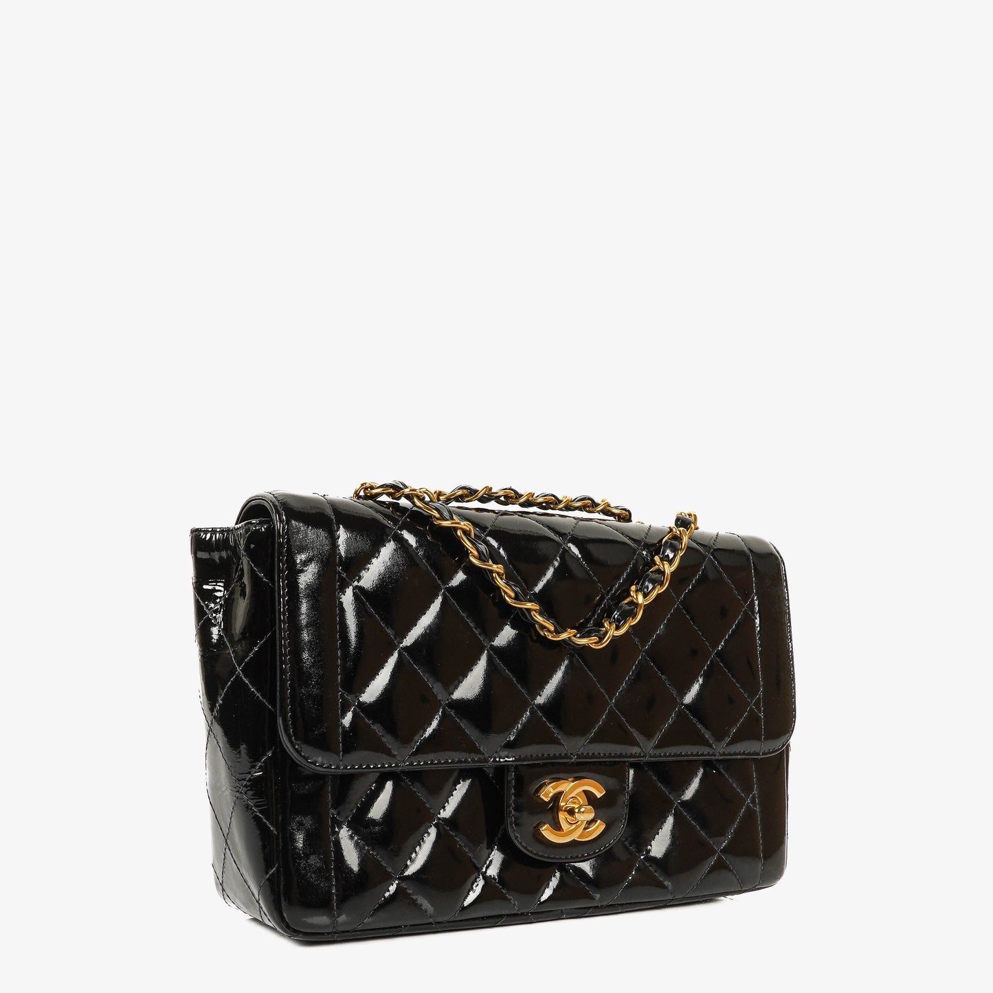 Chanel Single Flap Bag Black Quilted Patent Leather With 24K Gold-Plated Hardware