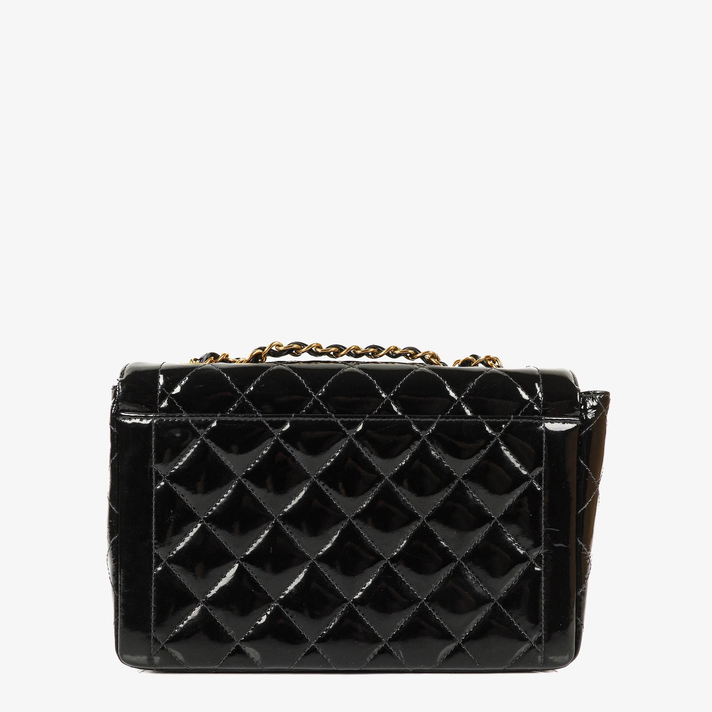 Chanel Single Flap Bag Black Quilted Patent Leather With 24K Gold-Plated Hardware