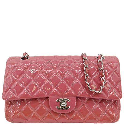 CHANEL Classic Double Flap Medium Quilted Patent Leather Shoulder Bag Dark Pink
