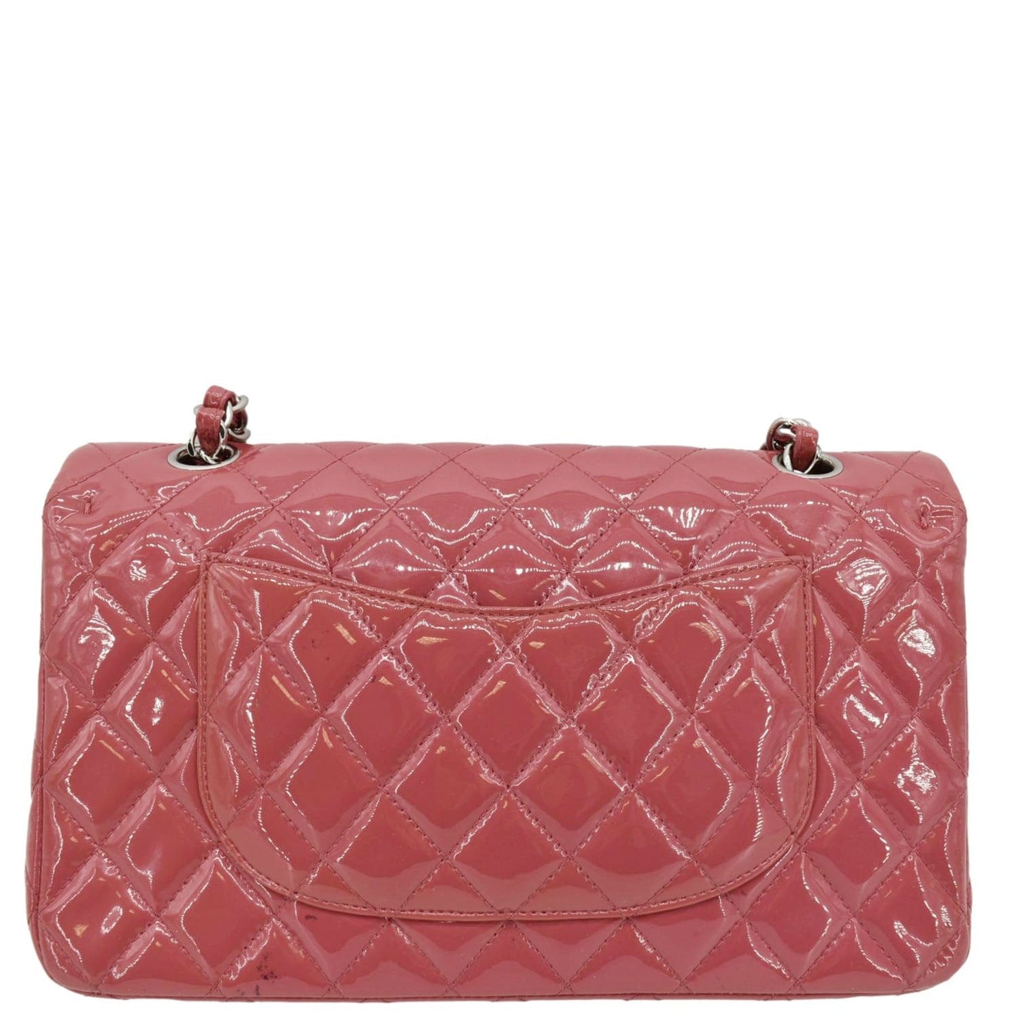CHANEL Classic Double Flap Medium Quilted Patent Leather Shoulder Bag Dark Pink