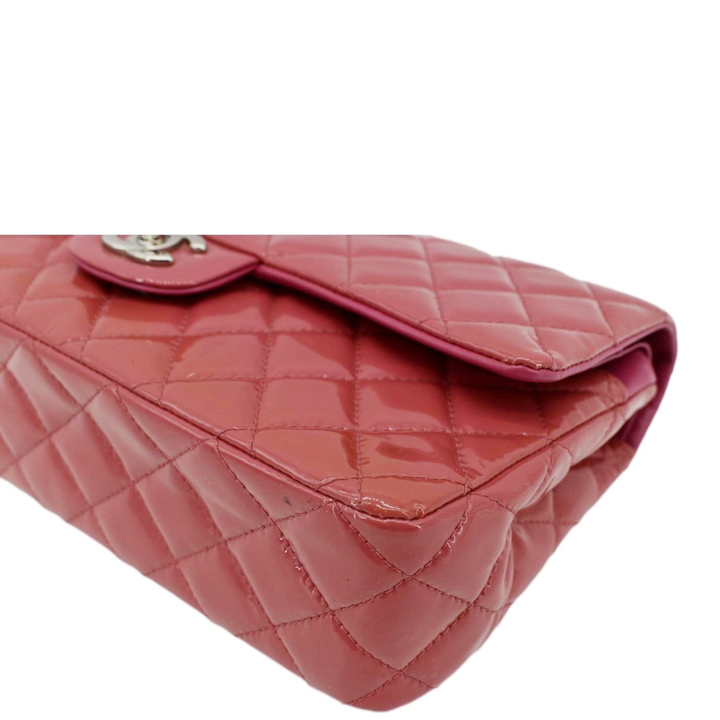 CHANEL Classic Double Flap Medium Quilted Patent Leather Shoulder Bag Dark Pink
