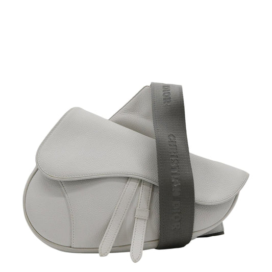 CHRISTIAN DIOR Mens Saddle Grained Calfskin Leather Satchel Bag White