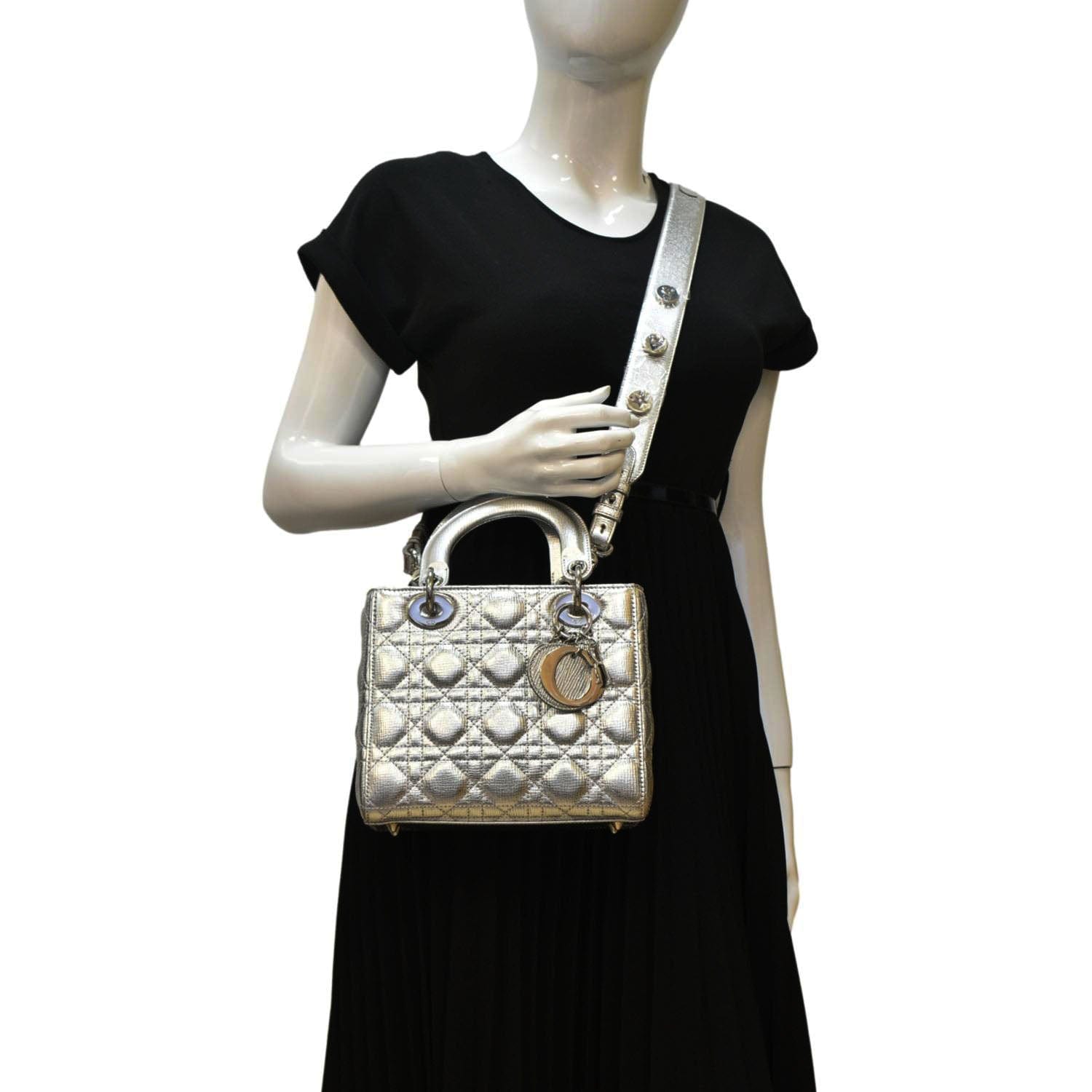 CHRISTIAN DIOR Lady Dior Lambskin Leather Shoulder Bag Metallic Silver