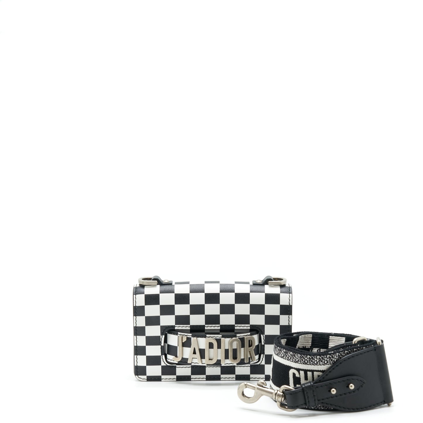 Dior Mini J’adior Flap Purse Black/ White With Wide Shoulder Strap