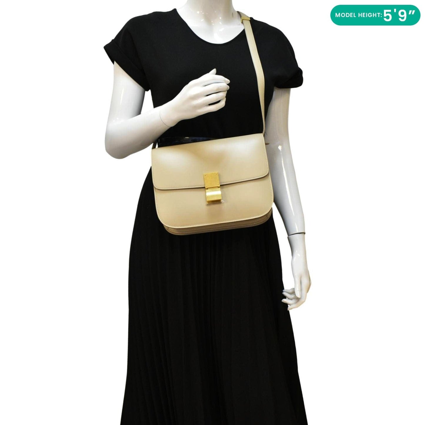CELINE Classic Box Medium Leather Flap Shoulder Bag Greige