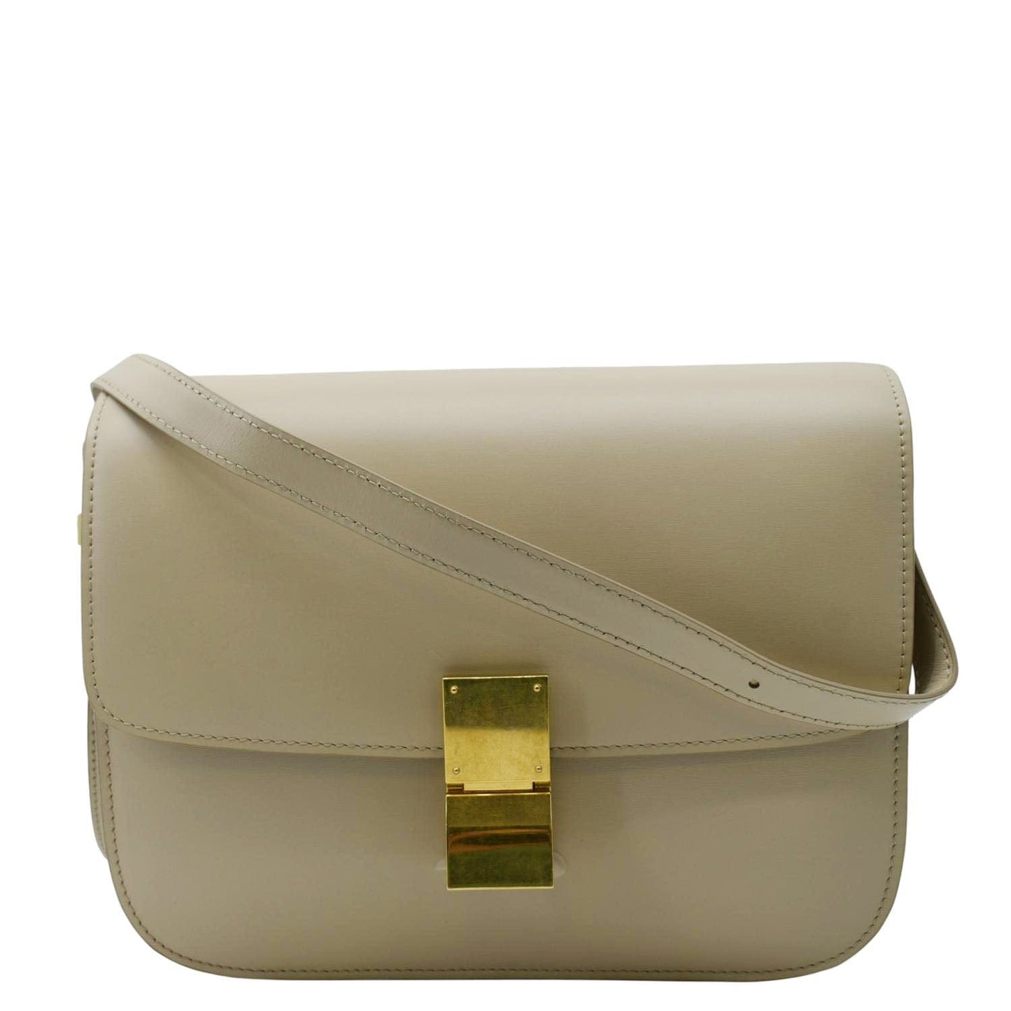 CELINE Classic Box Medium Leather Flap Shoulder Bag Greige