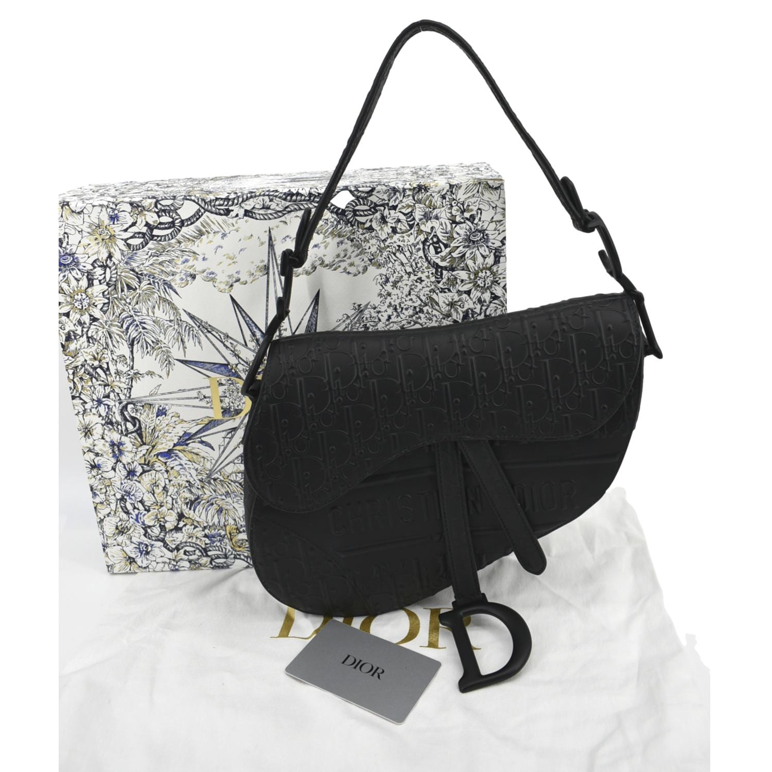 CHRISTIAN DIOR Saddle Oblique Embossed Calfskin Satchel Bag Black