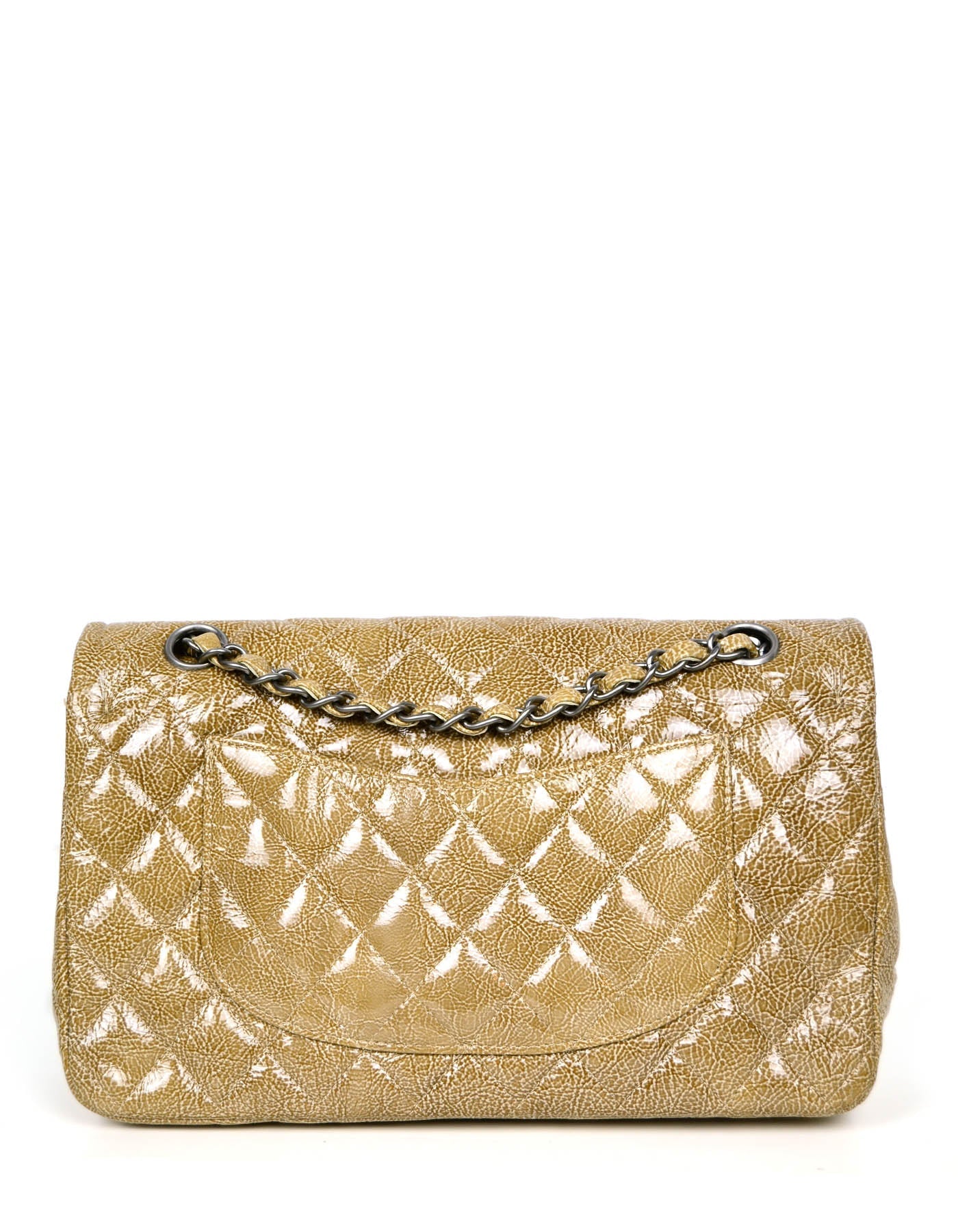 Chanel Beige Crumpled Patent Quilted Double Flap Bag - Rovelle Bags
