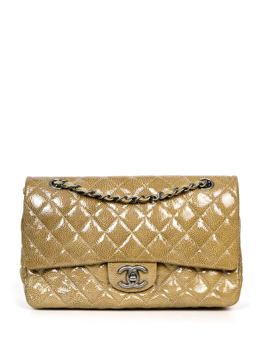 Chanel Beige Crumpled Patent Quilted Double Flap Bag - Rovelle Bags