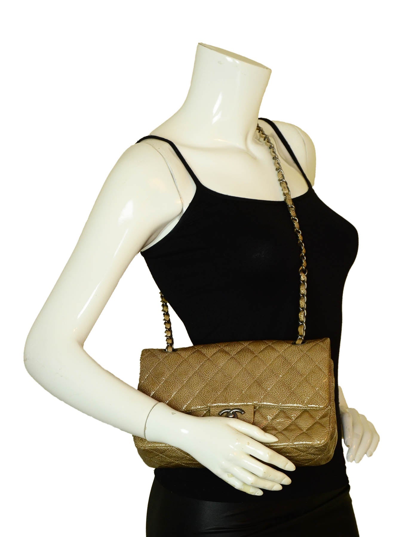 Chanel Beige Crumpled Patent Quilted Double Flap Bag - Rovelle Bags
