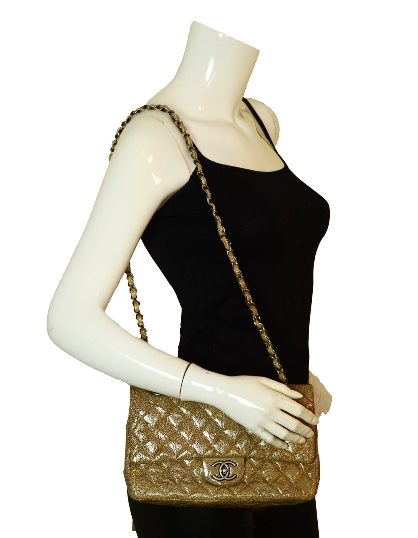 Chanel Beige Crumpled Patent Quilted Double Flap Bag - Rovelle Bags