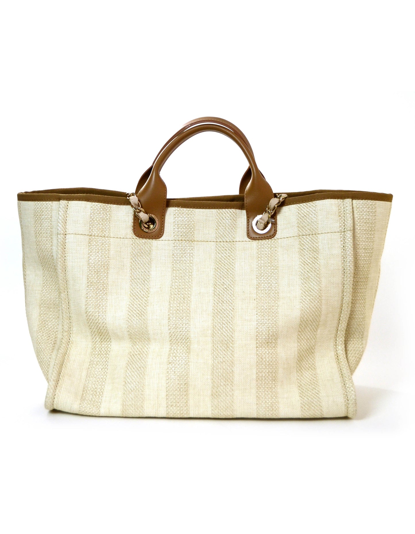 Chanel 2020 Beige Mixed Fibers Striped Tote Bag - Rovelle Bags