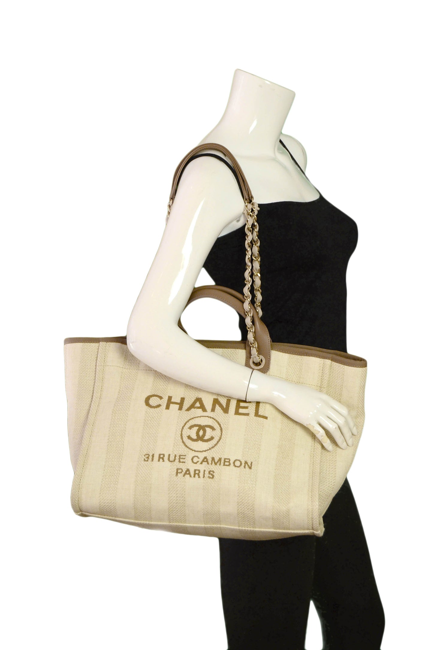 Chanel 2020 Beige Mixed Fibers Striped Tote Bag - Rovelle Bags