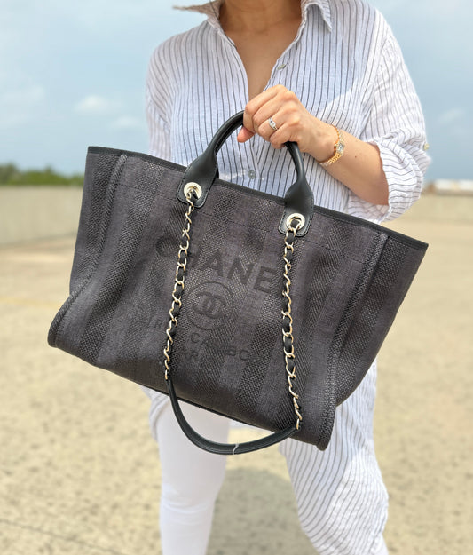Chanel Deauville Straw Raffia Black Large Tote Bag - Rovelle Bags
