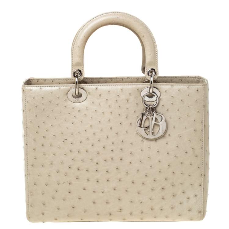 Dior Beige Ostrich Leather Large Lady Dior Tote