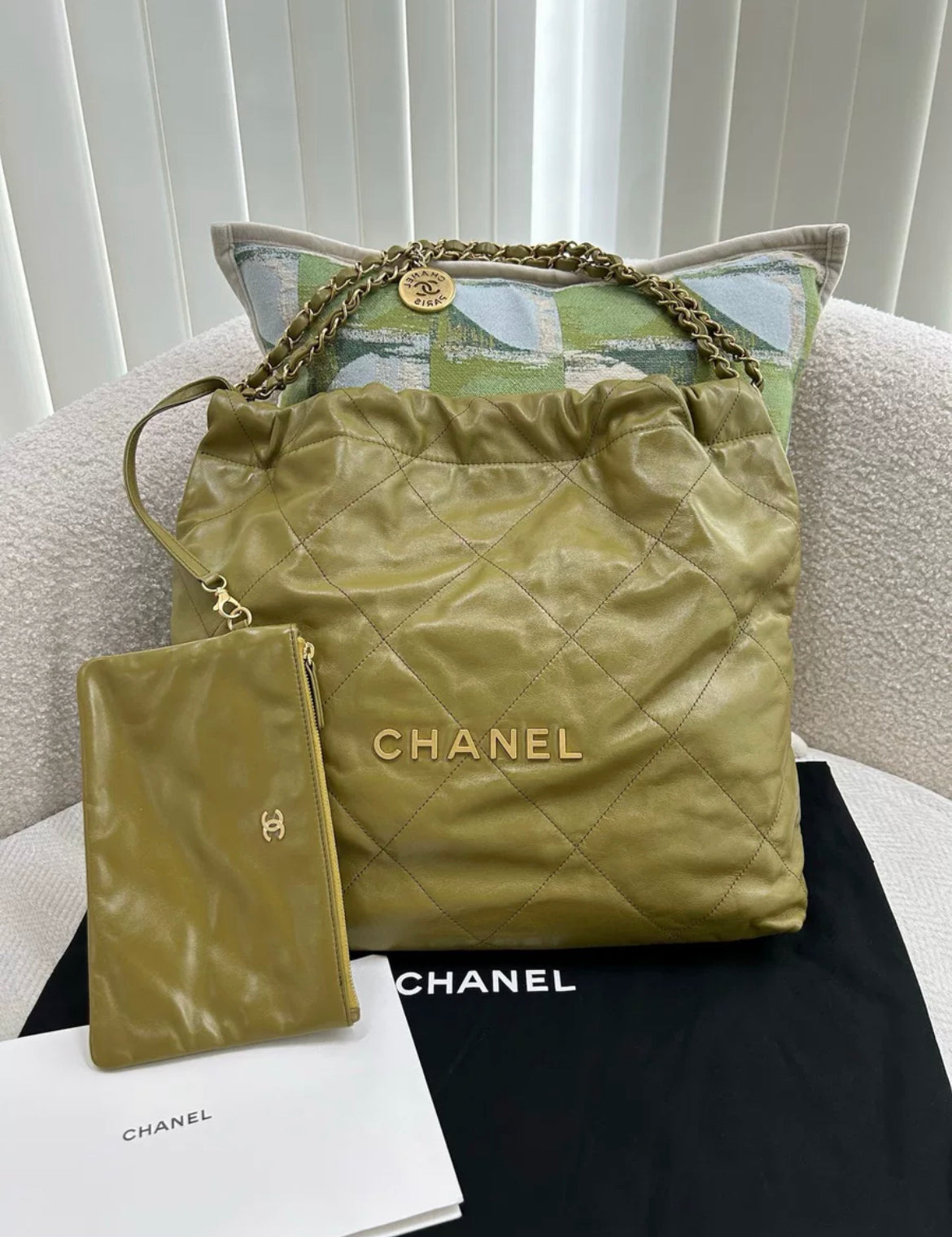 Chanel 22Bag In Olive Khaki Color Medium Size