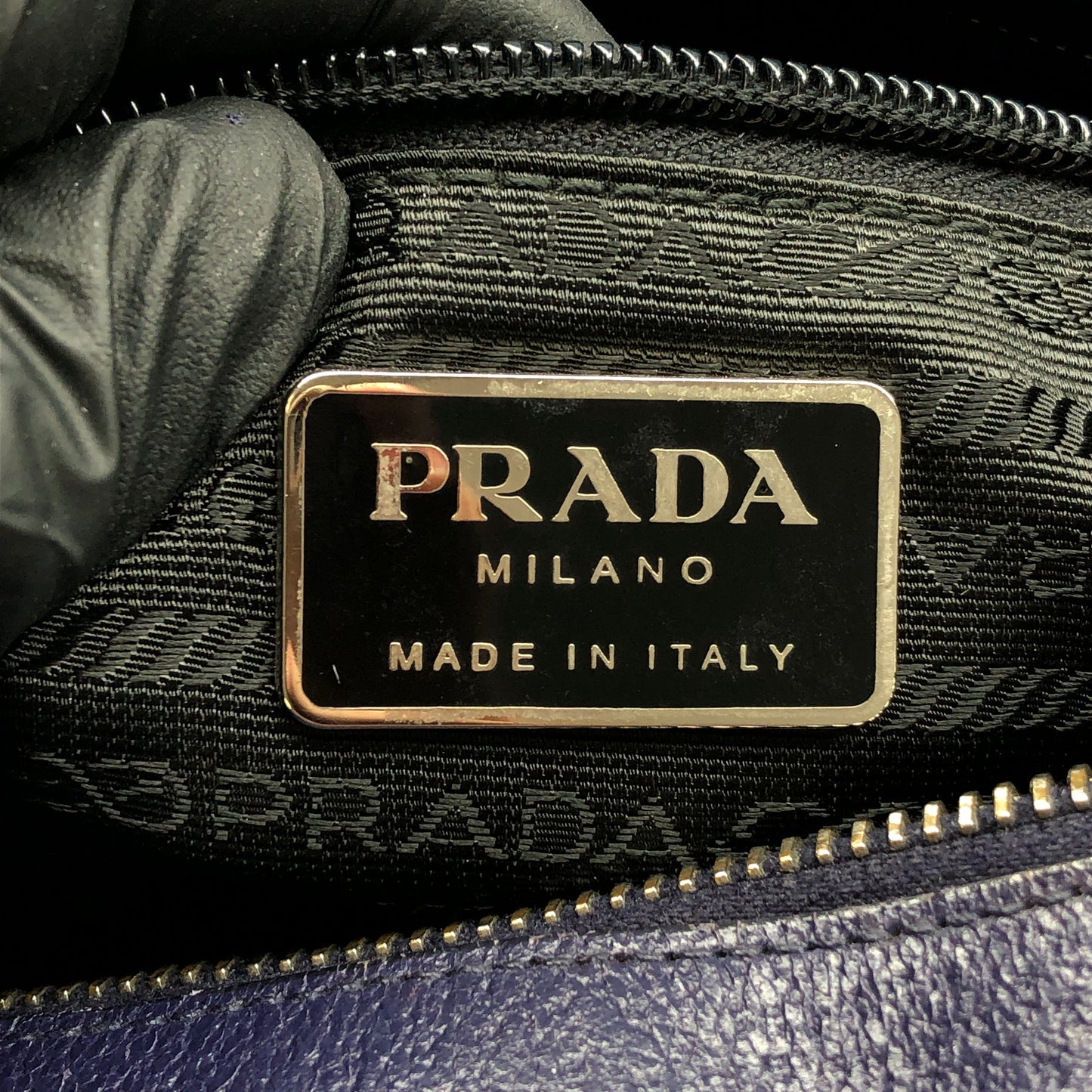 Prada Bauletto Medium Pebbled Leather Handbag Ink Blue