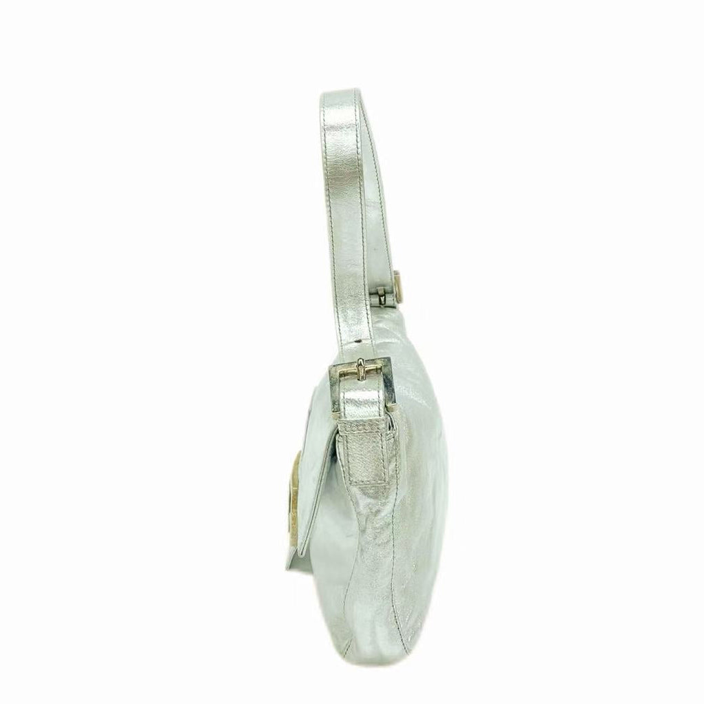 FENDI Baguette Silver Lambskin Leather Crystal Buckle Shoulder Bag