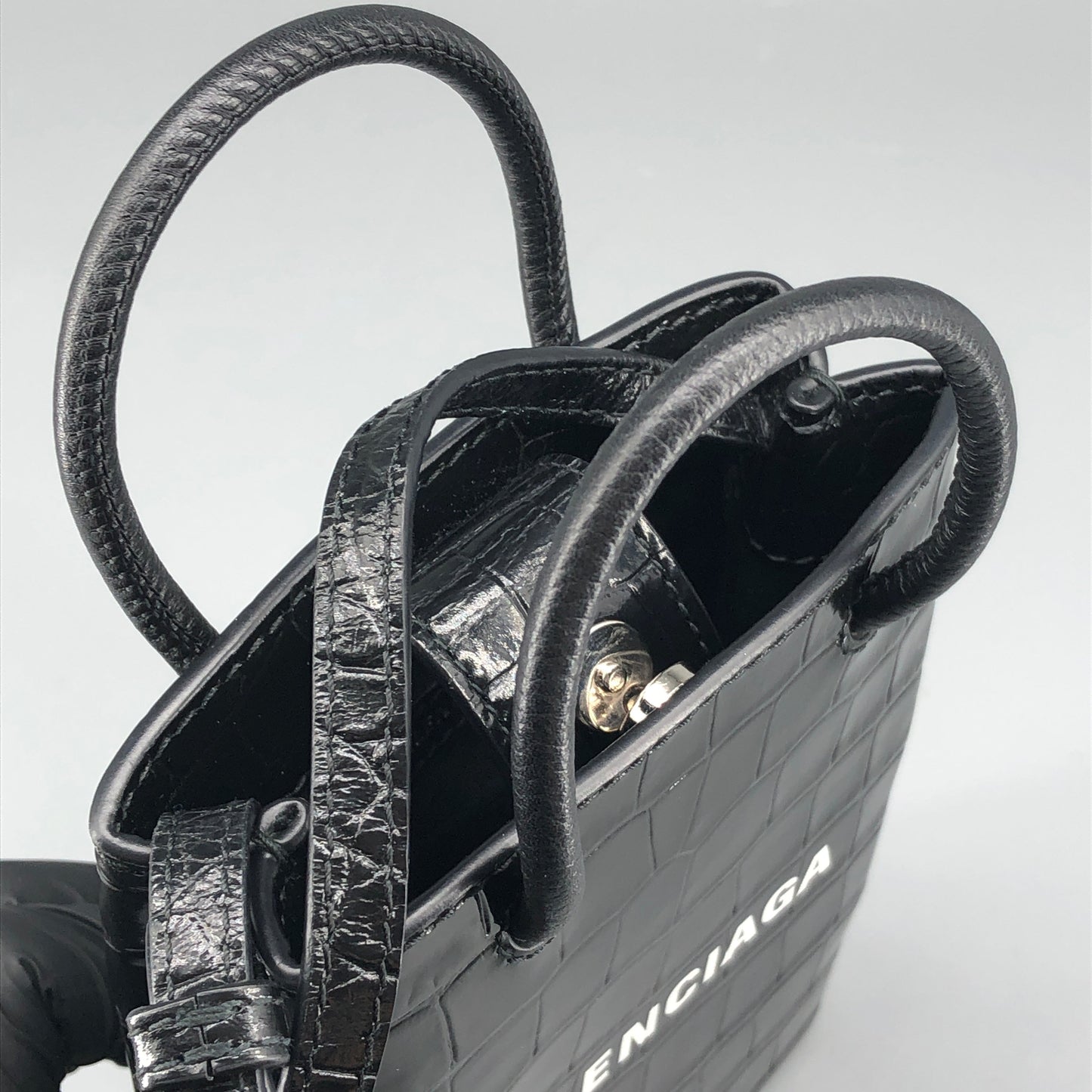 Balenciaga Logo Embossed Crocodile Embossed Leather Mini Vertical Phone Bag Black