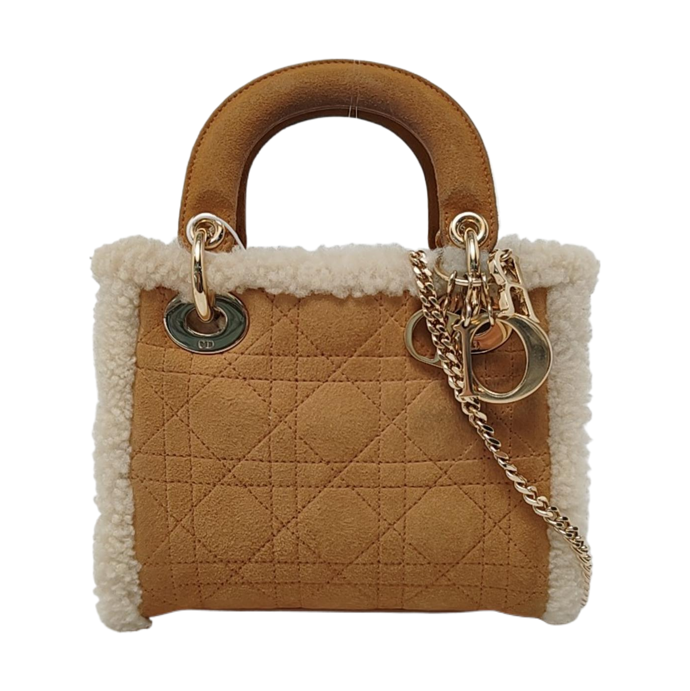Lady Dior Mini Handbag Brown Leather Shearling Gold Hardware