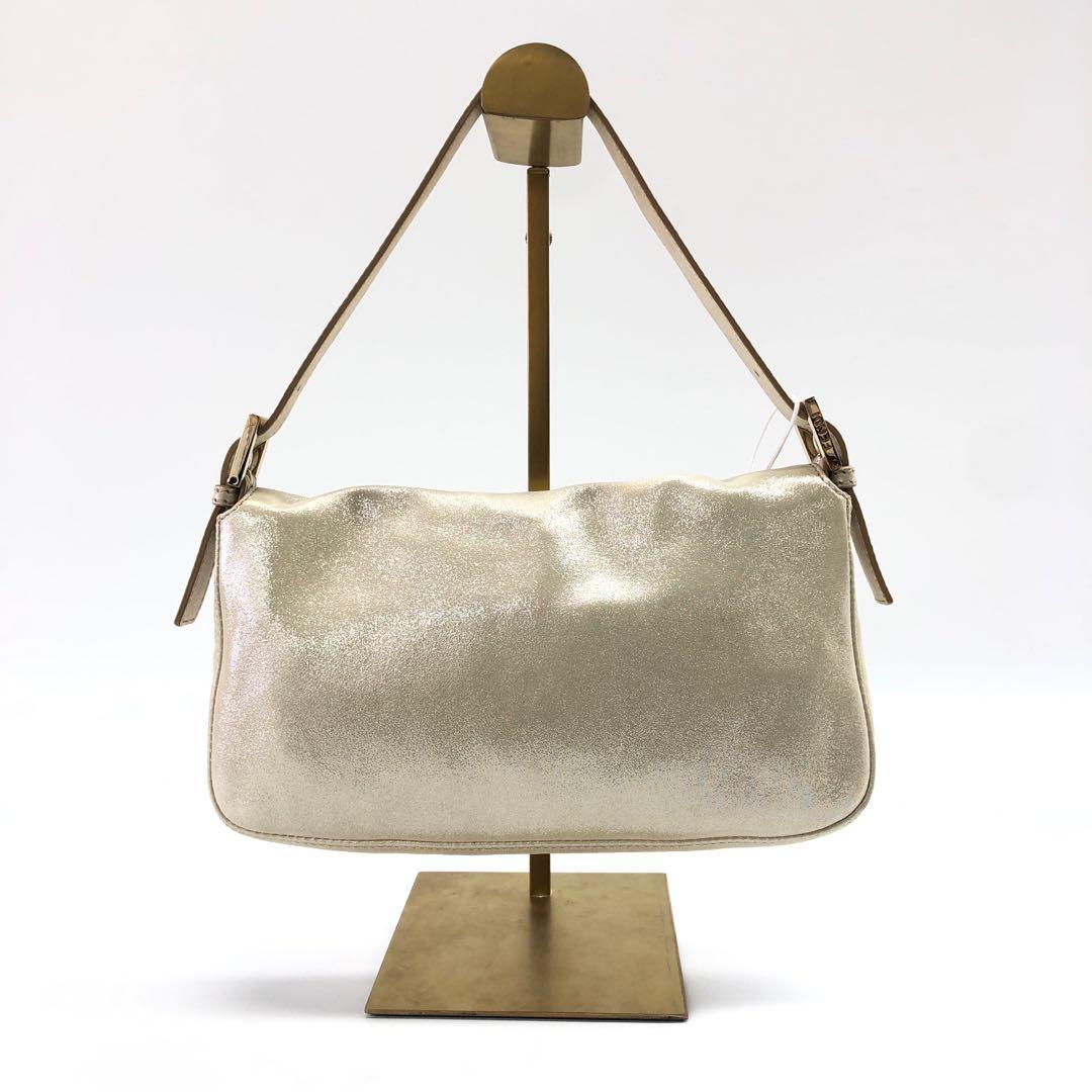 FENDI Baguette 1997 White Pearlescent Fabric Crystal Buckle Shoulder Bag